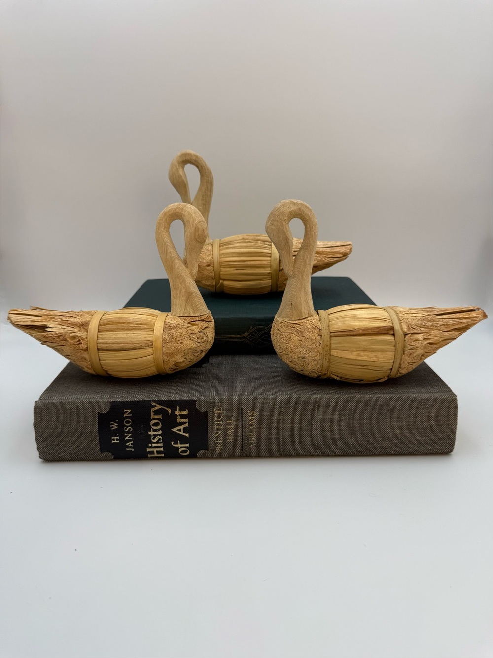 Vintage Lot Of 3 Wooden Straw Swan Figures Hand Made